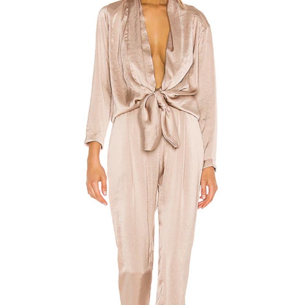 Overlover Stina Sienna Satin Georgette Draped Neckline Jumpsuit GOLD size Small